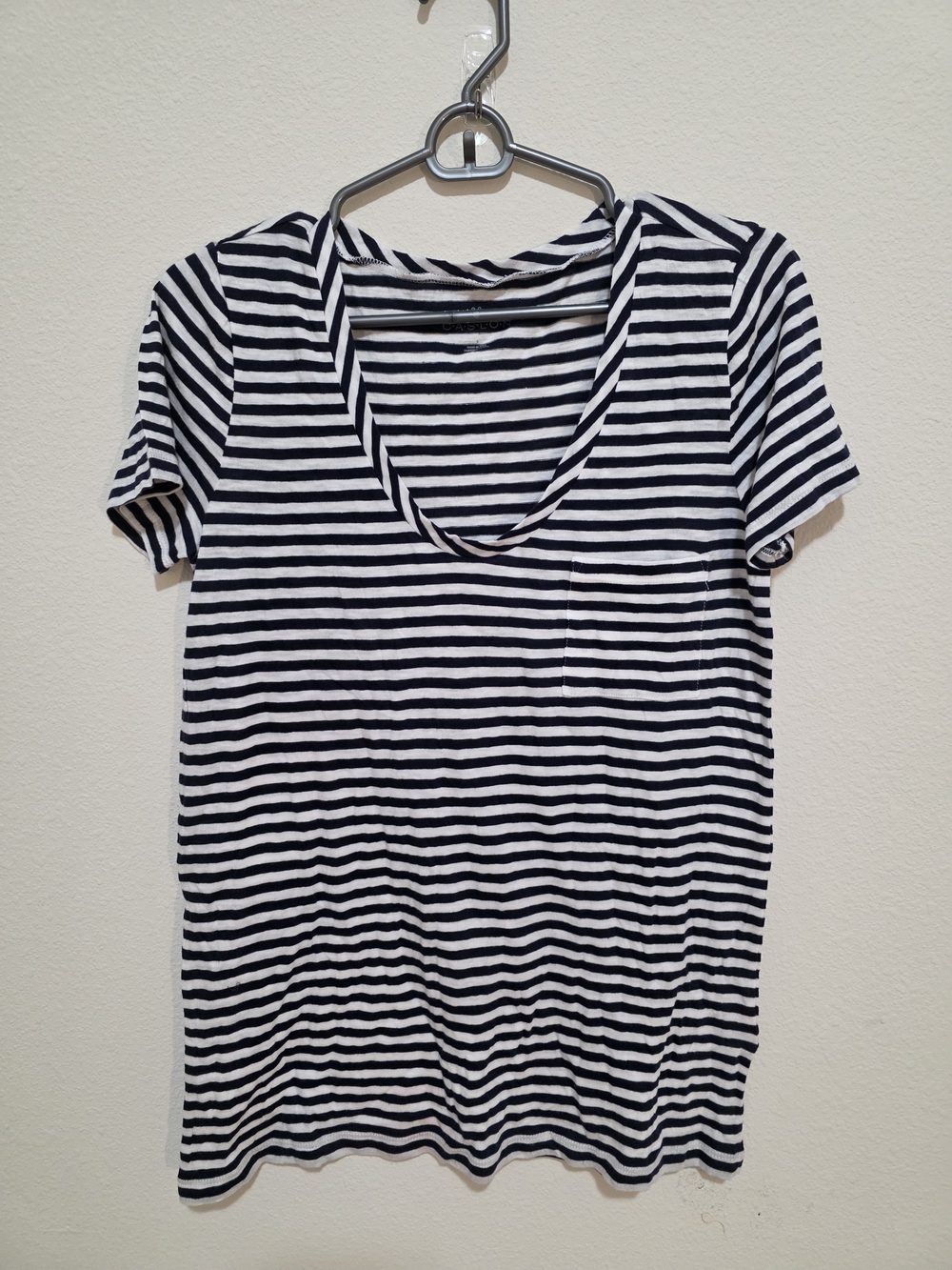 Caslon Black & White Striped V-Neck Pocket Tee